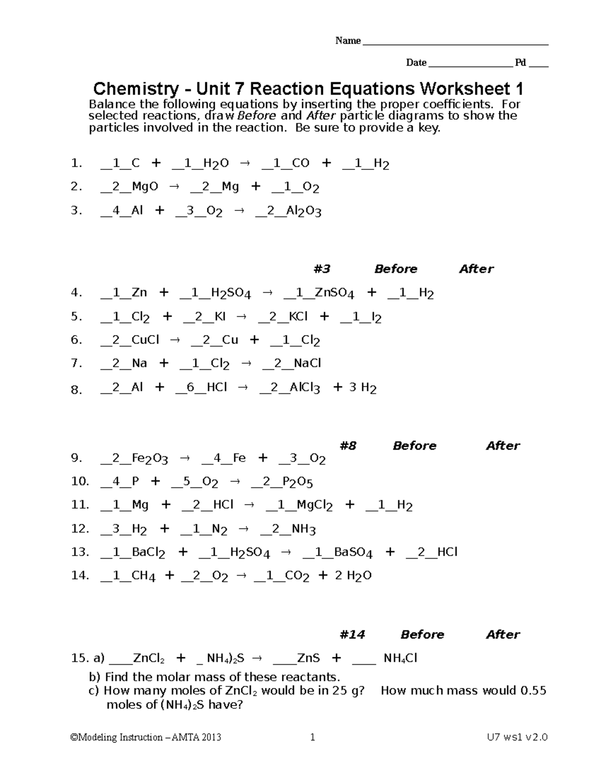 03 U7 Balancing Chemical Equations Worksheet 1 Studocu