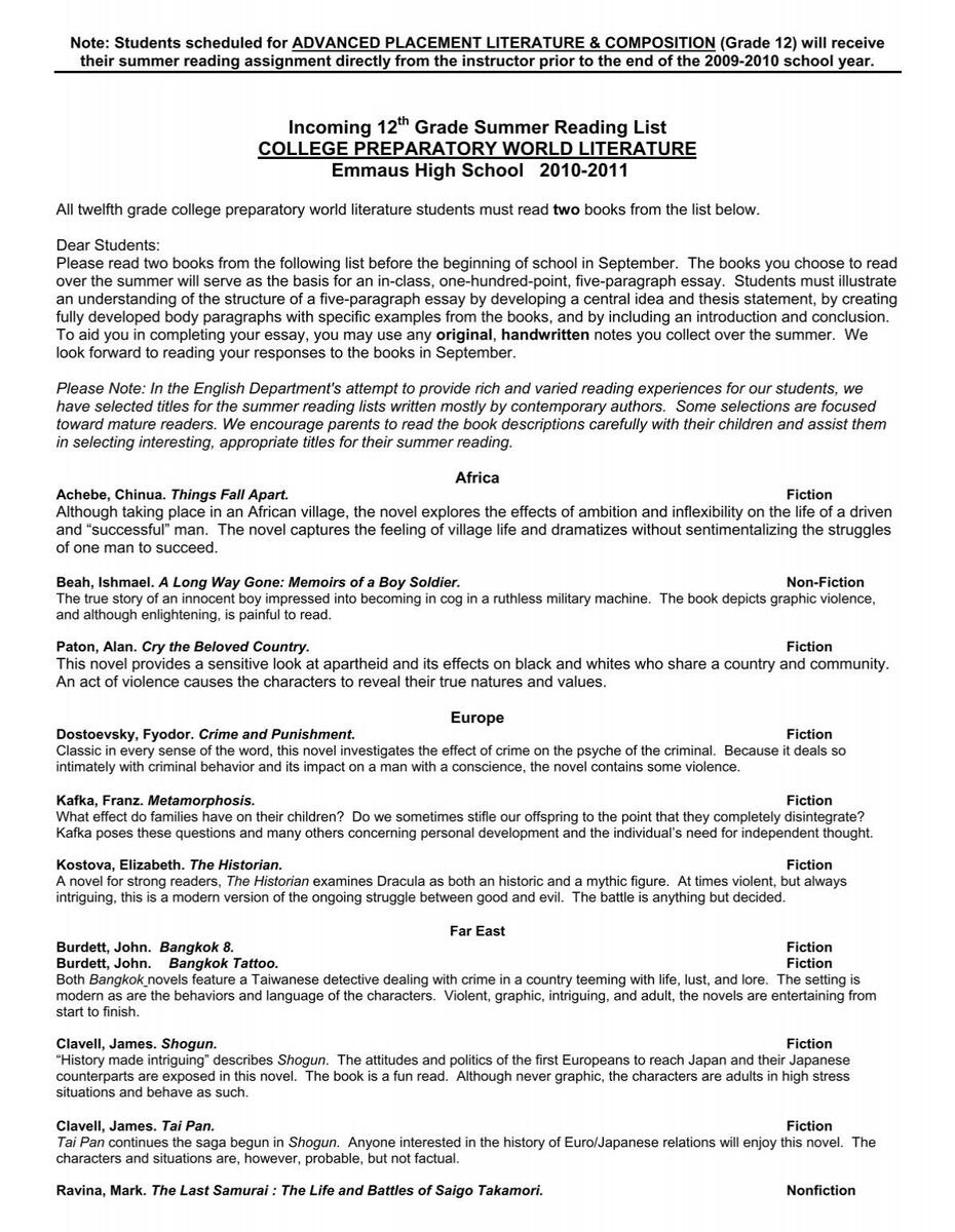 12th Grade Summer Reading List East Penn School District