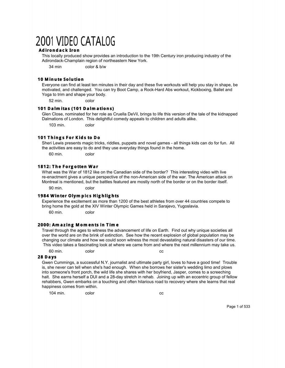 2001 VIDEO CATALOG Clinton Essex Franklin Library System 2001 VIDEO CATALOG Clinton Essex Franklin Library System