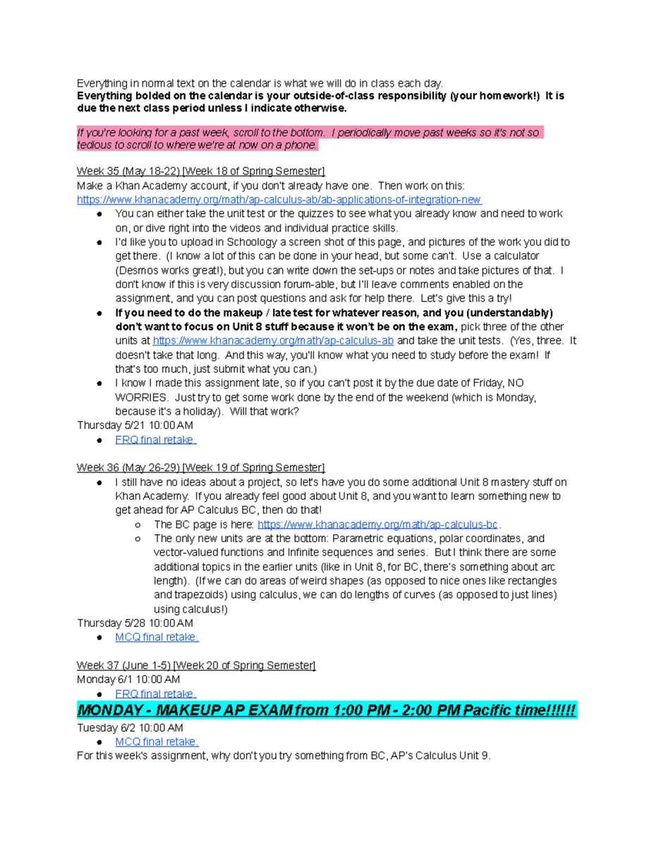 2019 2020 AP Calculus AB Weekly Class Homework Schedule Studocu Math 53 Fall 2021