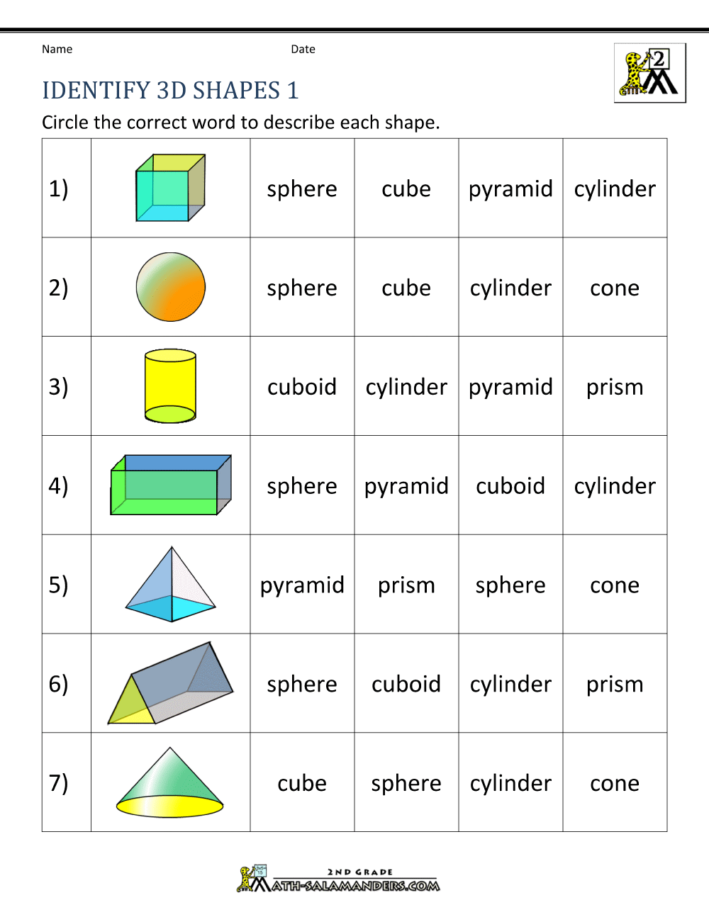 3d Shapes Worksheets 2nd Grade Printable PDF 3D Shapes Worksheets Cazoom Maths Cazoom Math