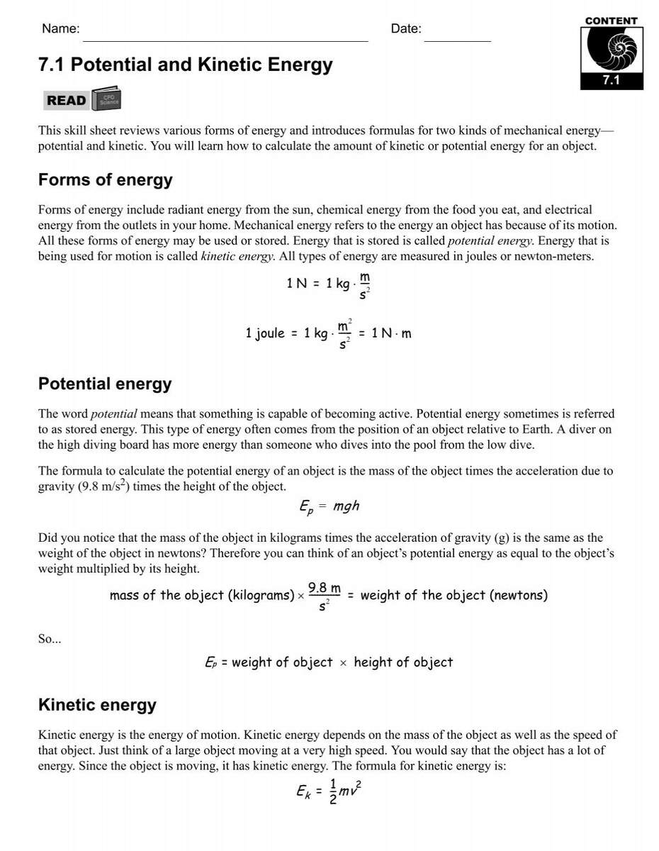 7 1 Potential And Kinetic Energy CPO Science
