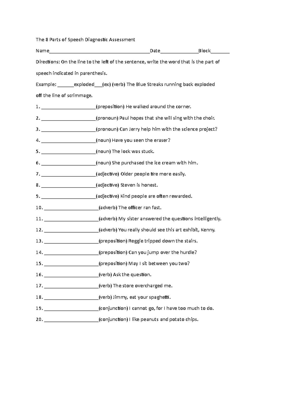 8 Parts Of Speech Diagnostic Assessment Worksheet Studocu
