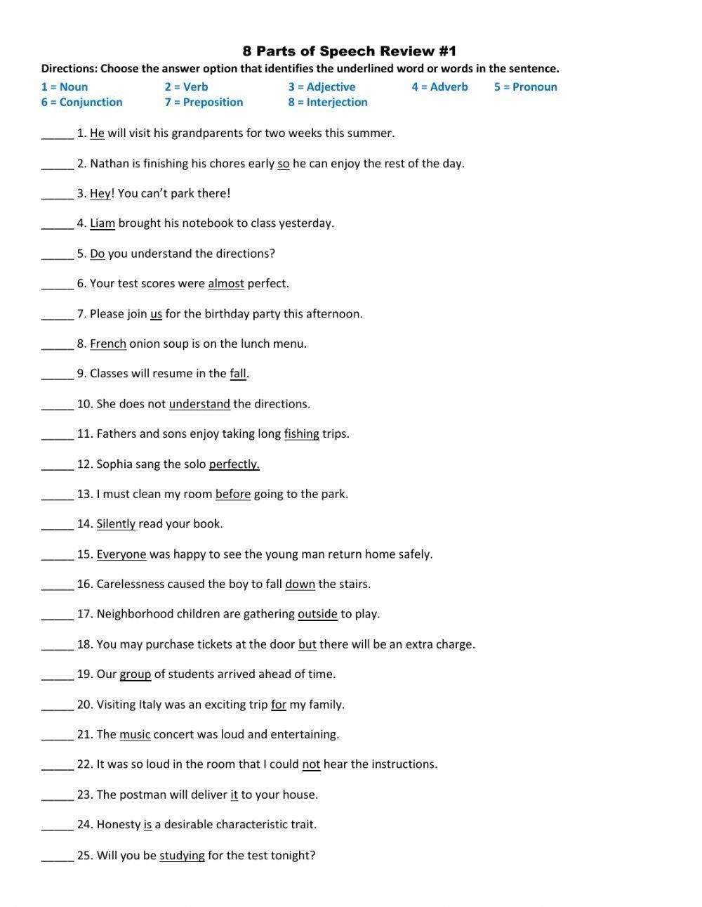 8 Parts Of Speech Review 1 Worksheet Worksheets Library