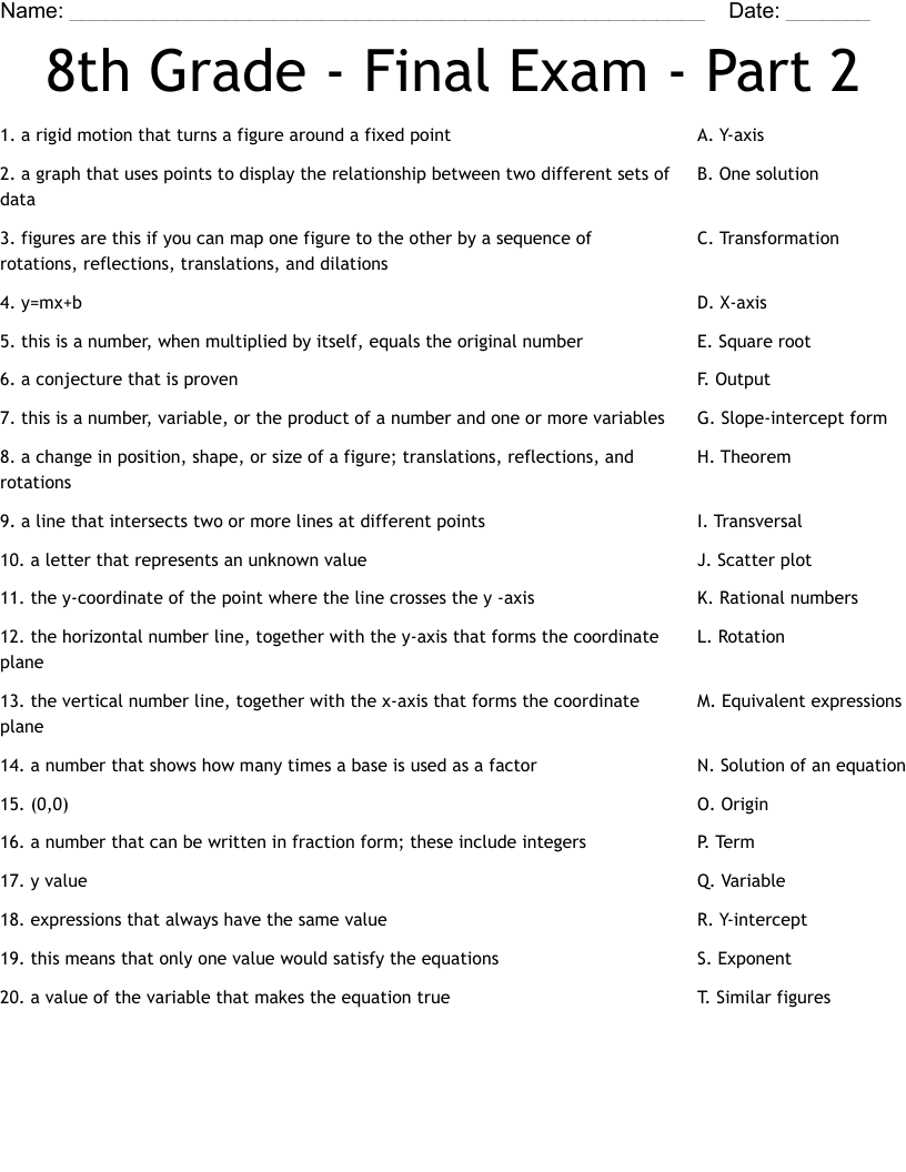 8th Grade Final Exam Part 2 Worksheet WordMint