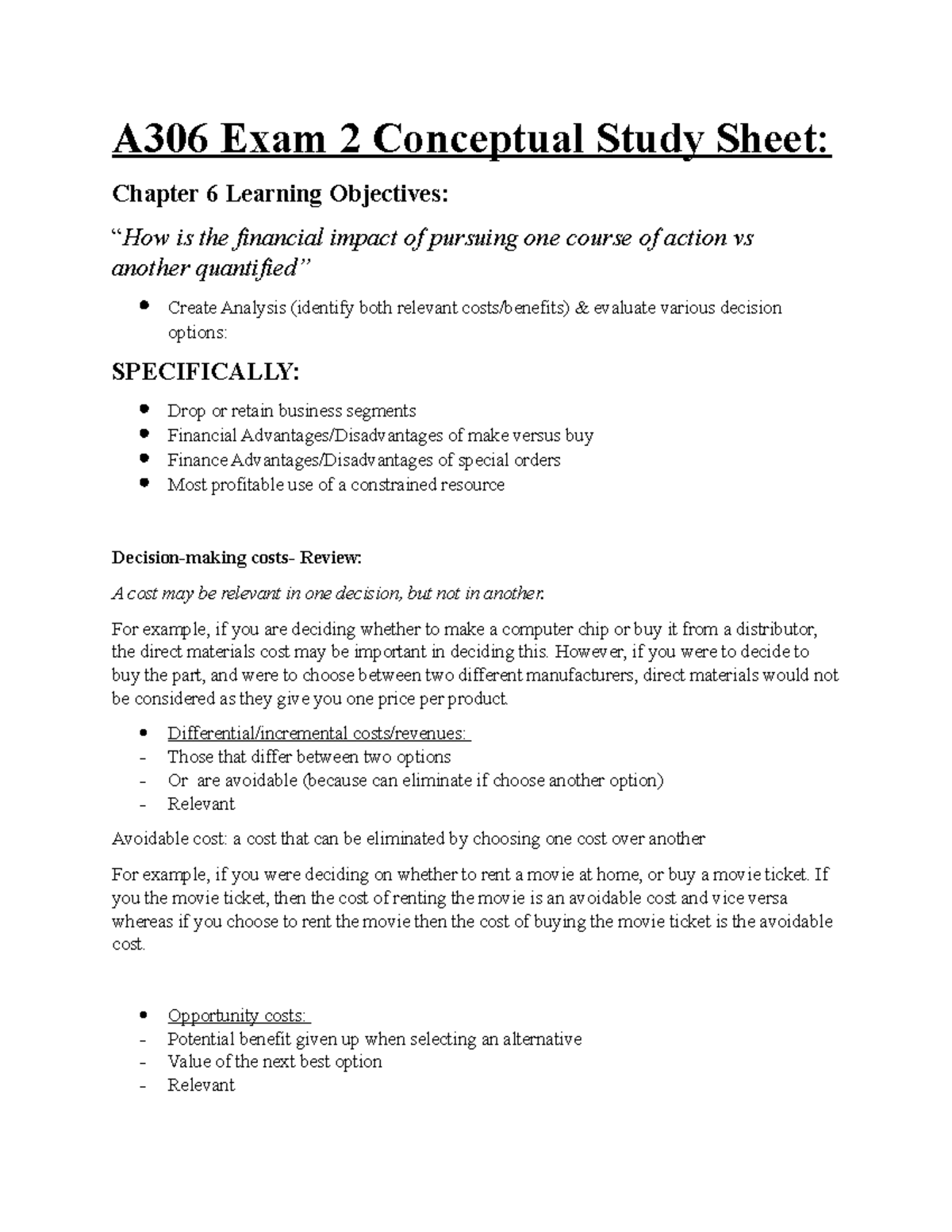 A306 Discussion Handout Management Accounting Chapter 6 Summary Studocu