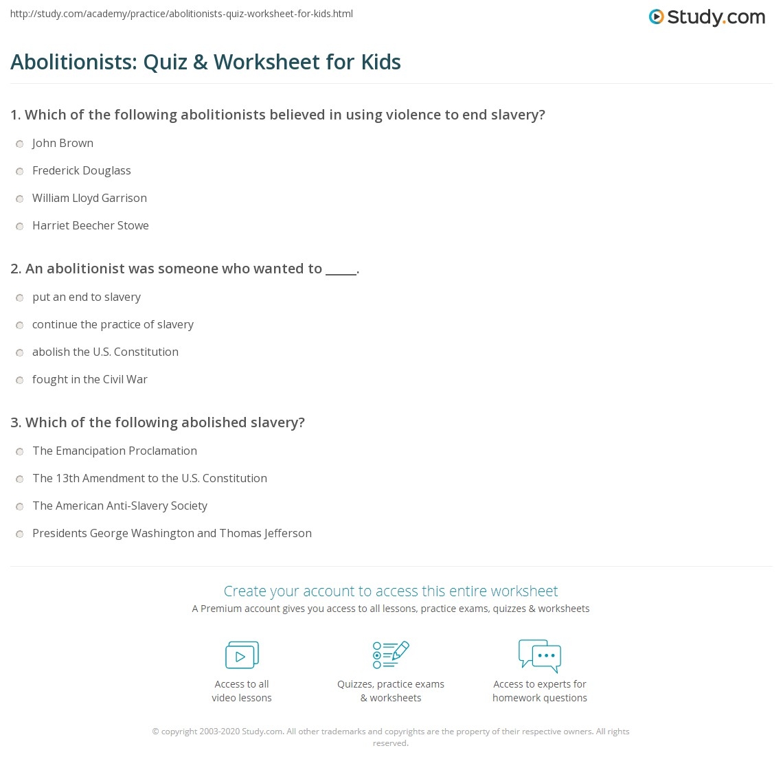 Abolitionists Quiz Worksheet For Kids Study Abolitionists Quiz Worksheet For Kids Study