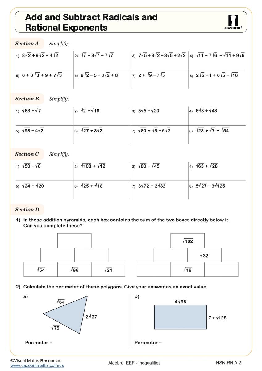 Add And Subtract Radicals And Rational Exponents Worksheet Fun And Engaging Algebra And Integrated Math I Algebra Worksheet Cazoom Math