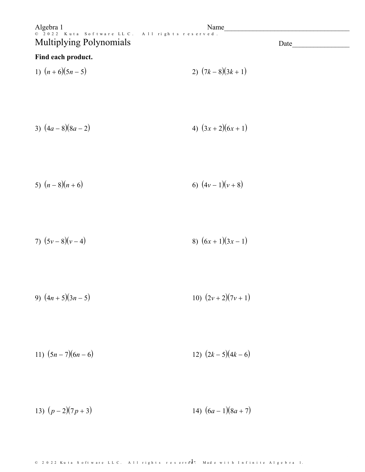 Algebra 1 Polynomial Multiplication Worksheet