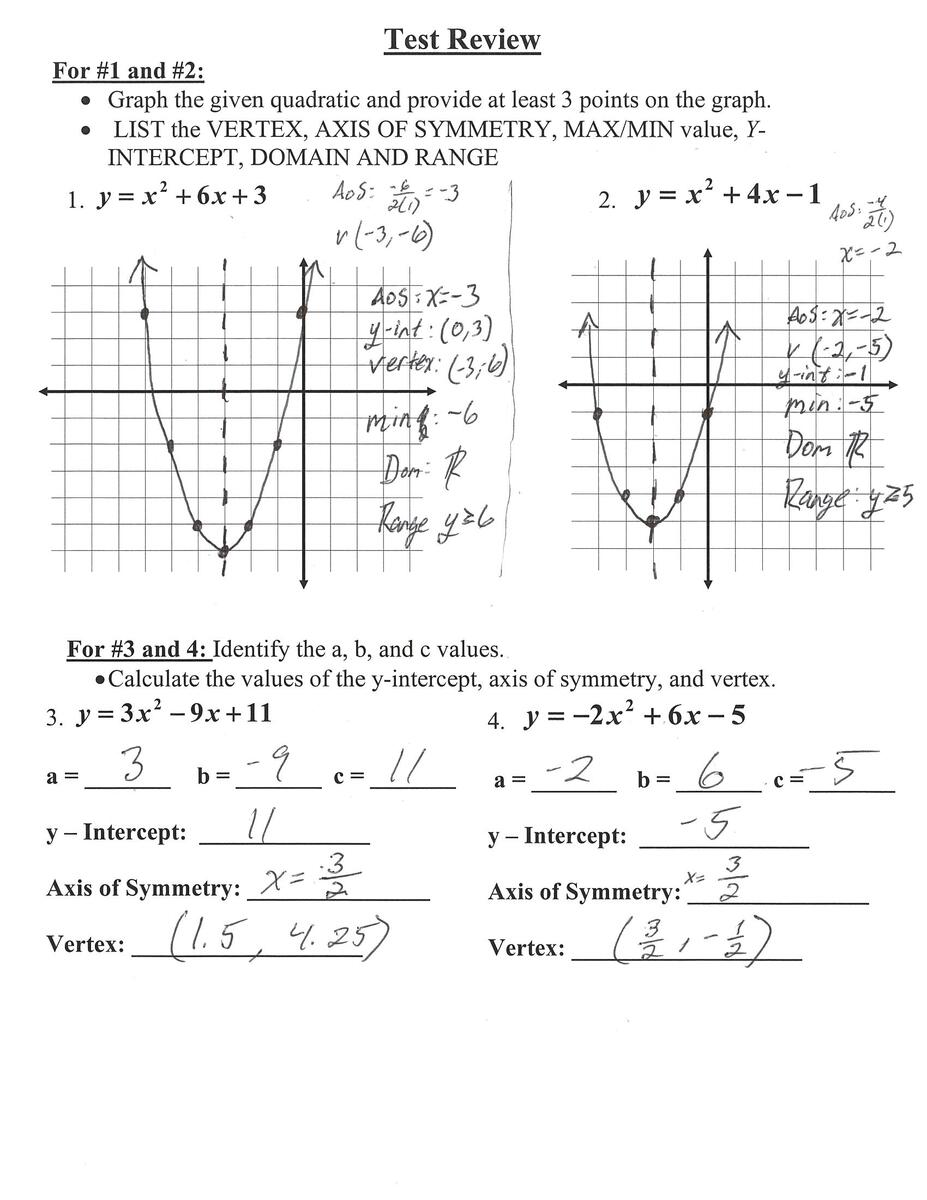 ALGEBRA 1 Quadratic Test Review Answer Key Rademaker
