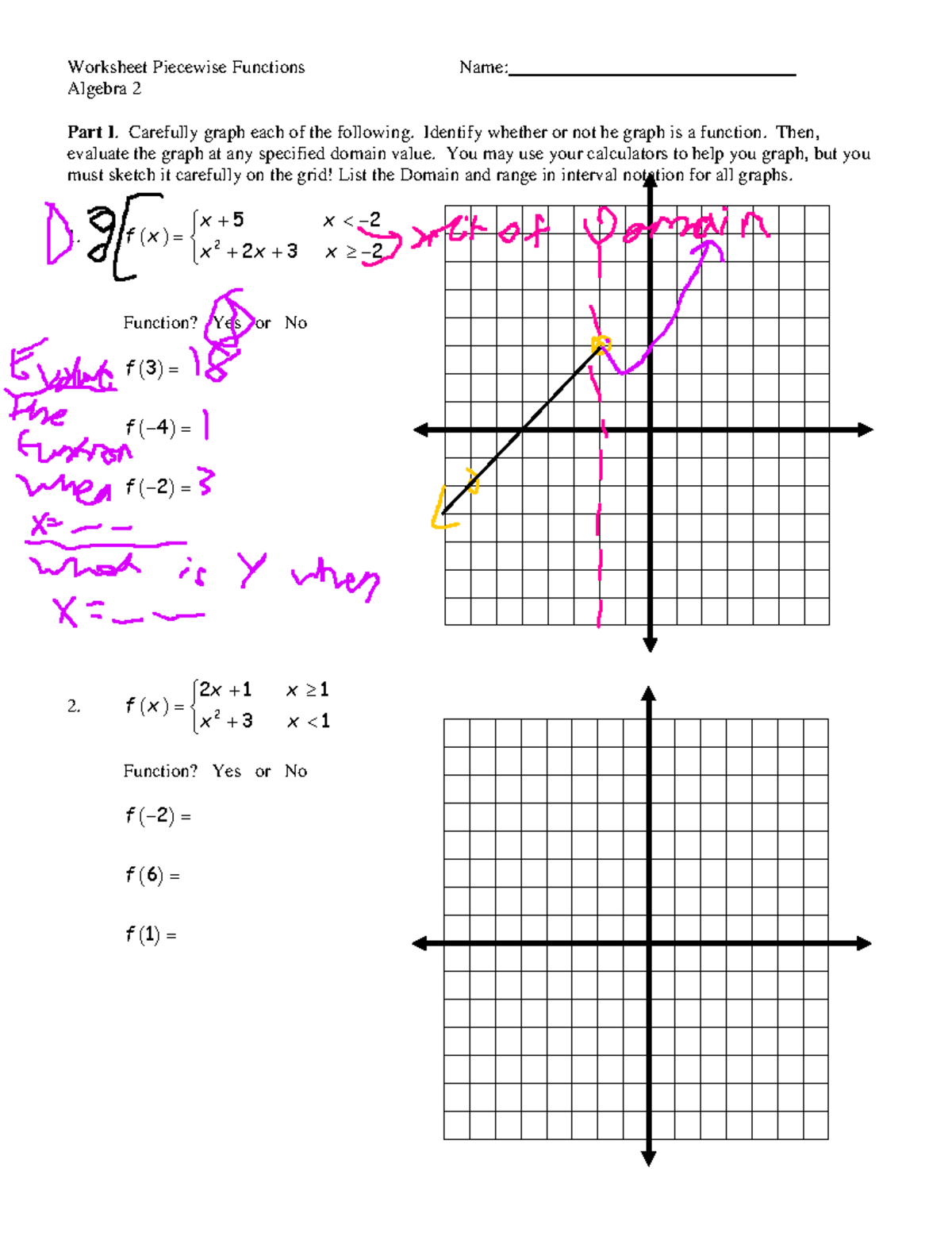 Algebra 2 Worksheet Evaluating Piecewise Functions Studocu