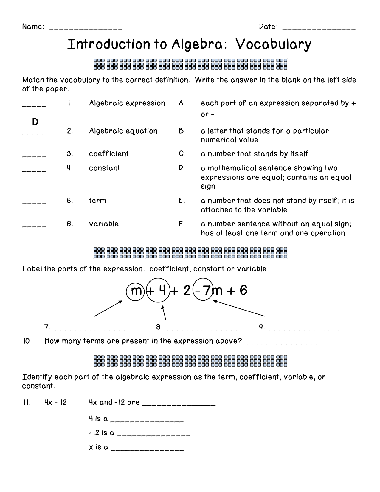 Algebra Vocabulary Worksheet Algebra Vocabulary Worksheet