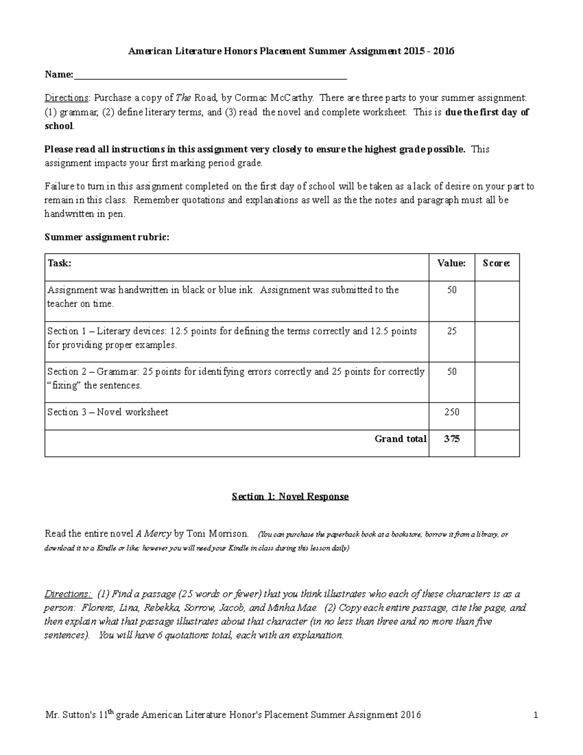 American Literature Honors Placement Summer Assignment 2015 2016 Studocu