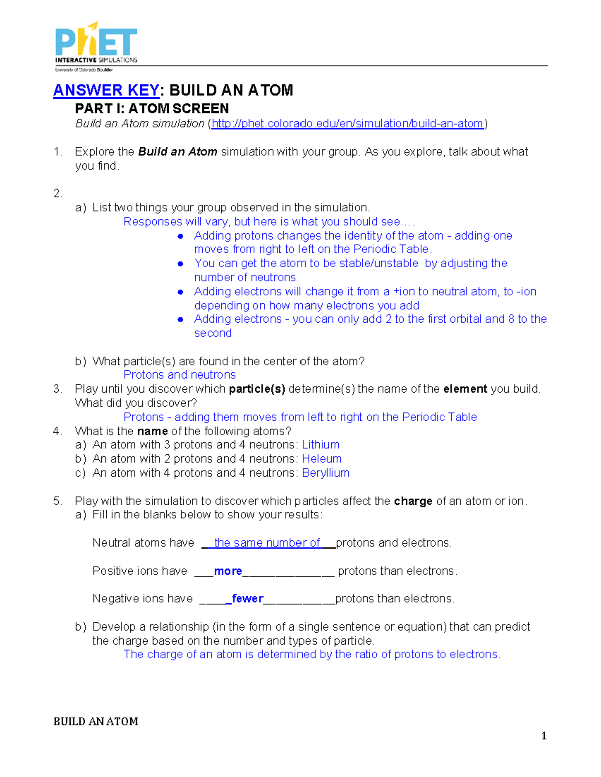 Answer Key Build An Atom Simulation Part I II For PSY 101 Studocu Build An Atom Worksheet Atomic Structure Isotopes