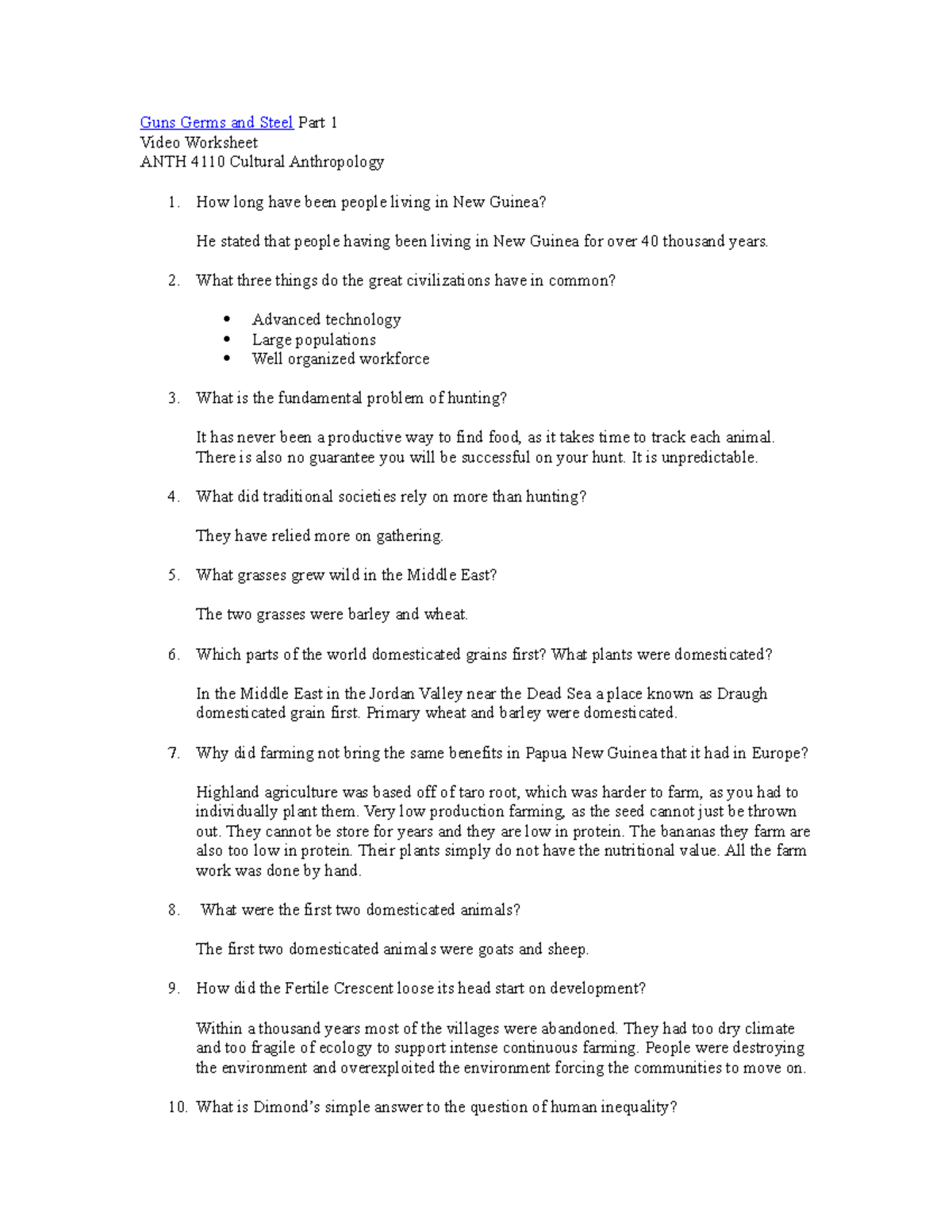 ANTH 4110 Final Exam Guns Germs And Steel Part 1 Worksheet Questions Studocu