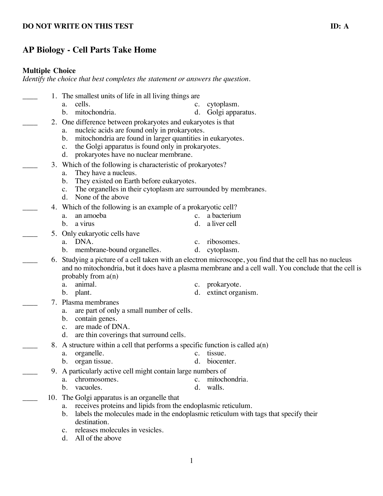 AP Biology Cell Parts Test Multiple Choice Questions AP Biology Cell Parts Test Multiple Choice Questions