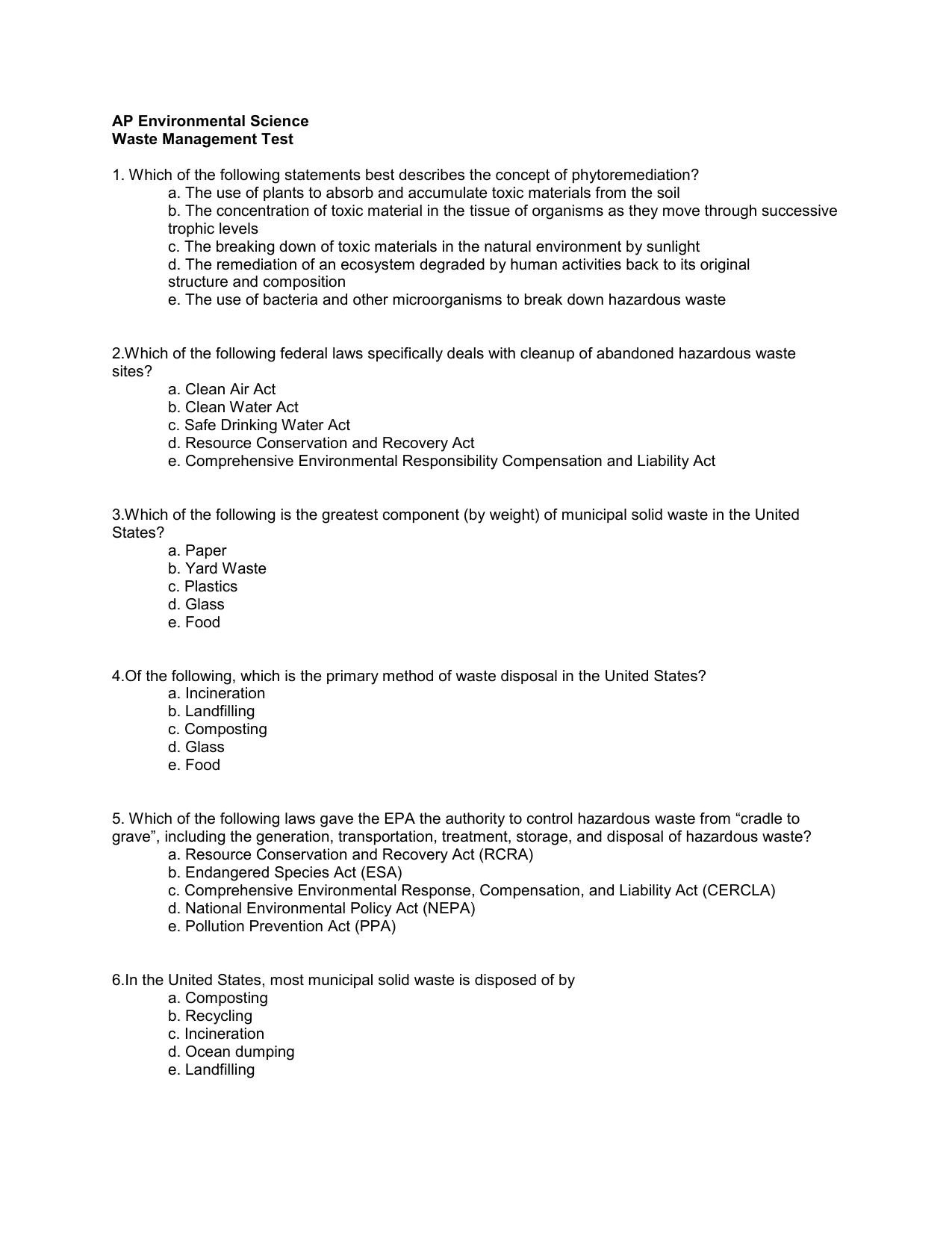 AP Environmental Science Waste Management Test AP Environmental Science Waste Management Test
