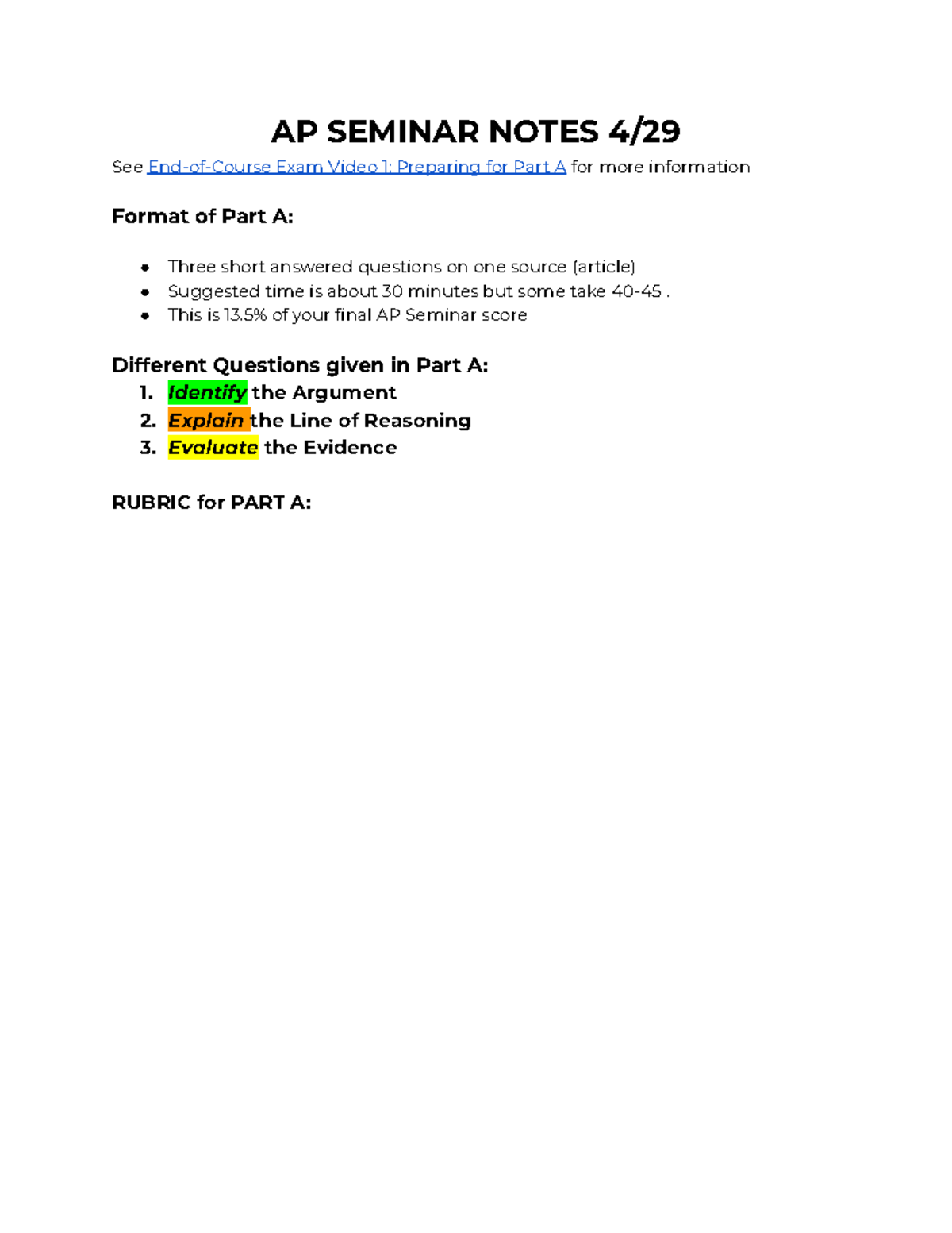 AP Seminar Notes Preparing For Part A Exam EOC A B Studocu