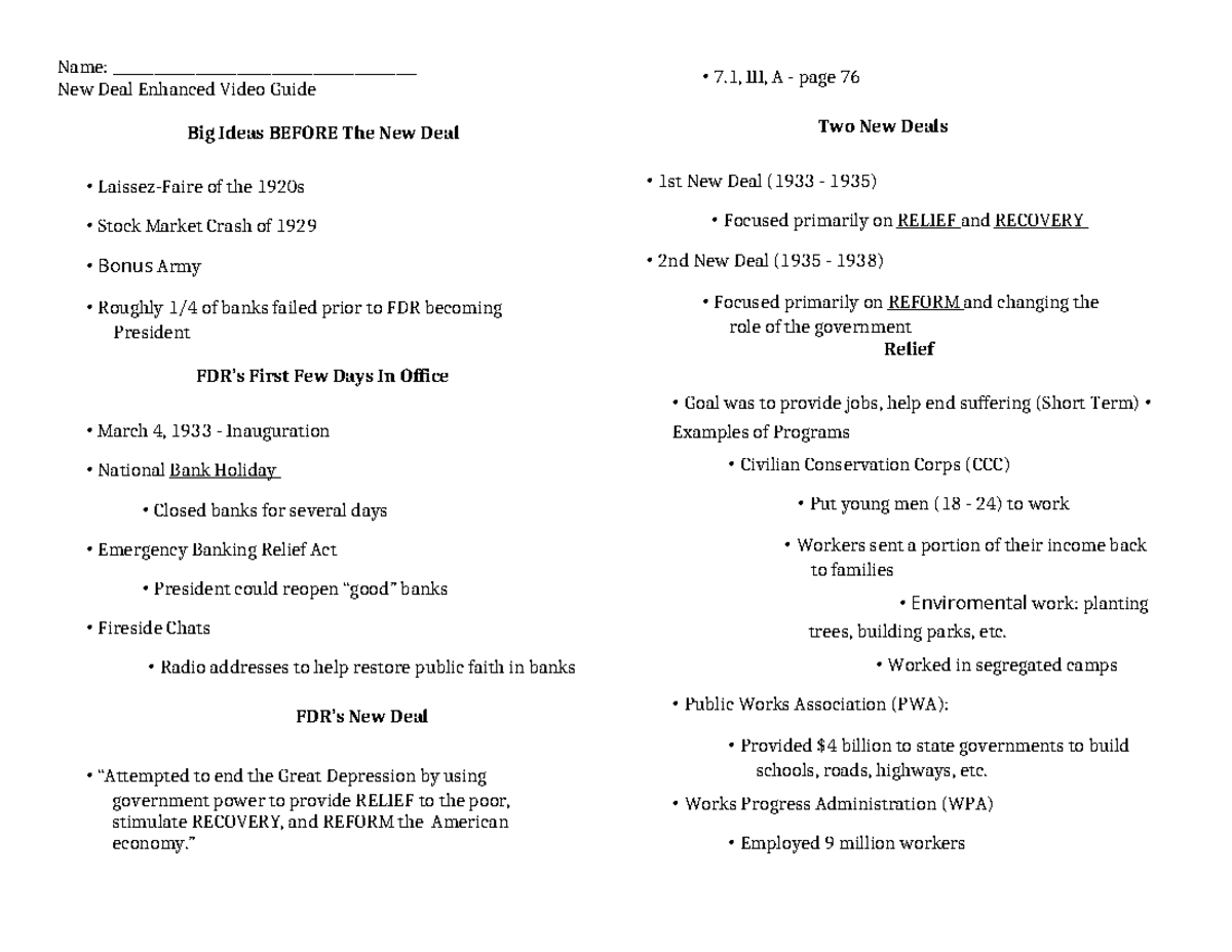 APUSH Review Enhanced Video Guide For New Deal Video 49 Studocu