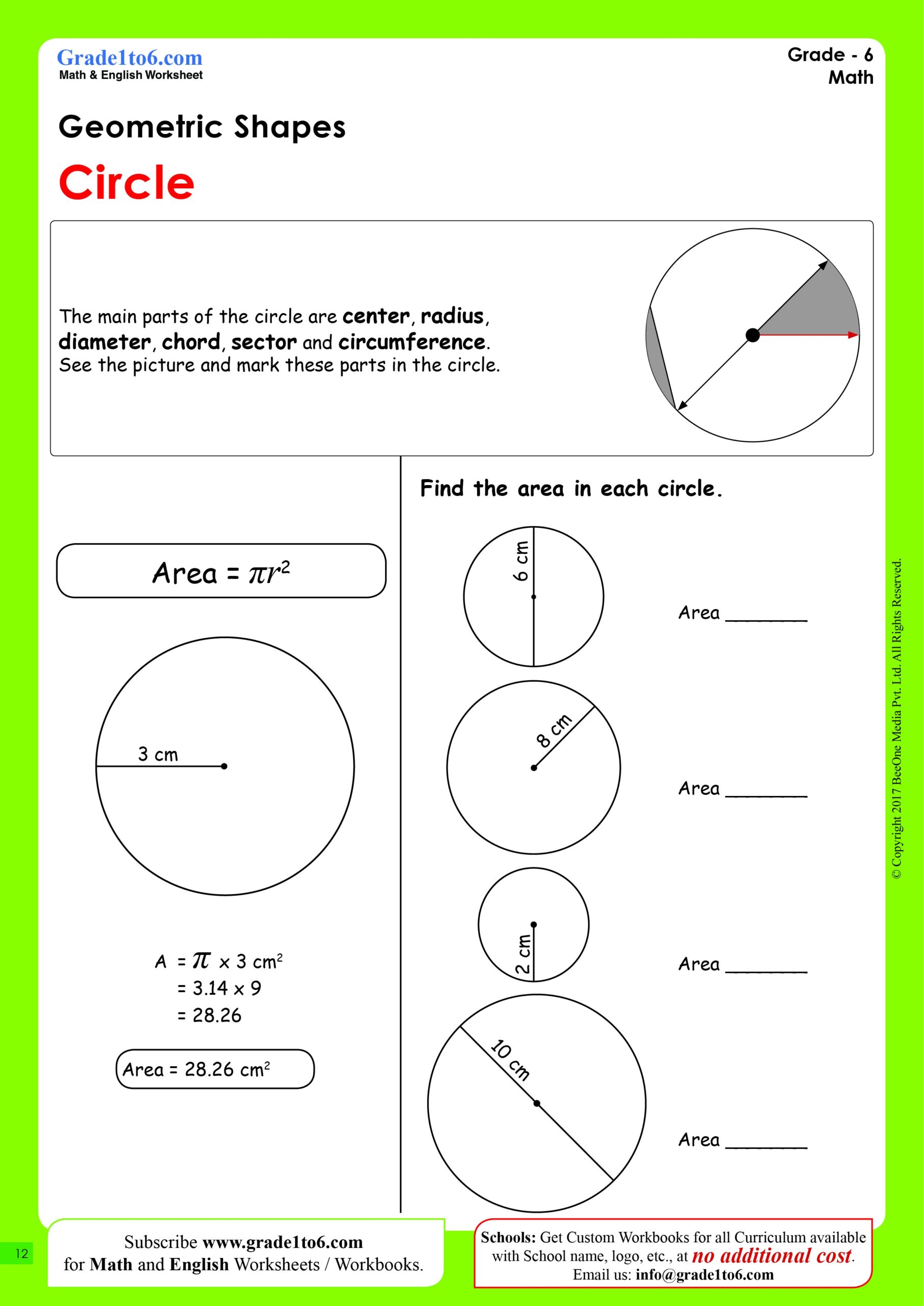 Area Of A Circle Worksheet Grade1to6 Area Of A Circle Worksheet Grade1to6