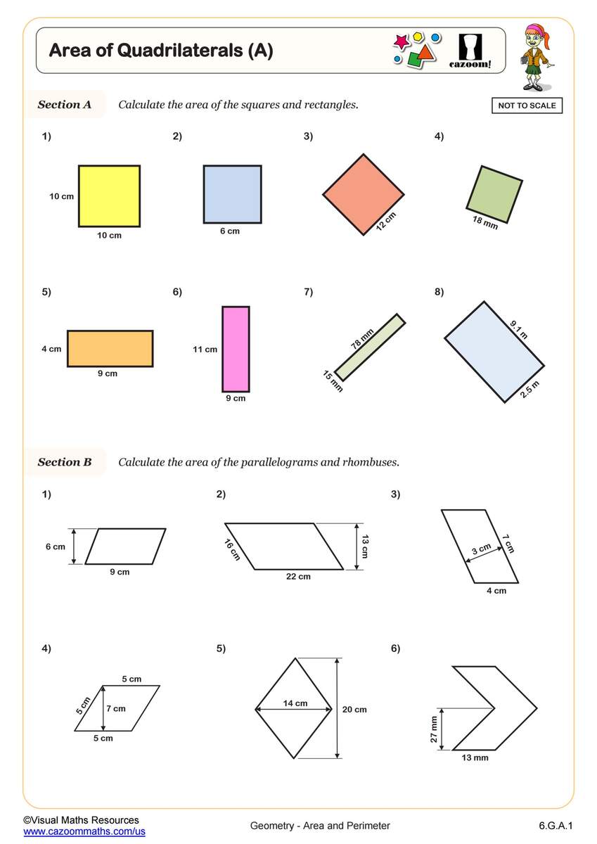 Area Of Quadrilaterals B Worksheet PDF Printable Geometry Worksheet Cazoom Math