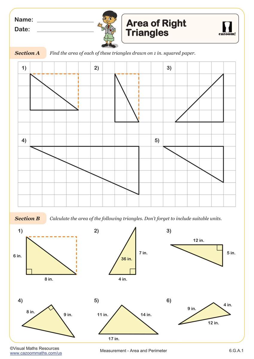 Area Of Right Triangles Worksheet 6th Grade PDF Measurement Worksheets Cazoom Math Area And Perimeter Of Triangles K12 Math Worksheets