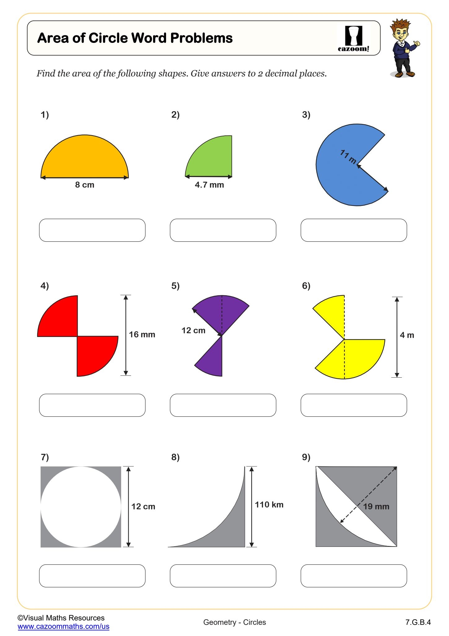 Area Of Shaded Regions Of Circles With Clues Worksheet Fun And Engaging Geometry PDF Worksheets Cazoom Math