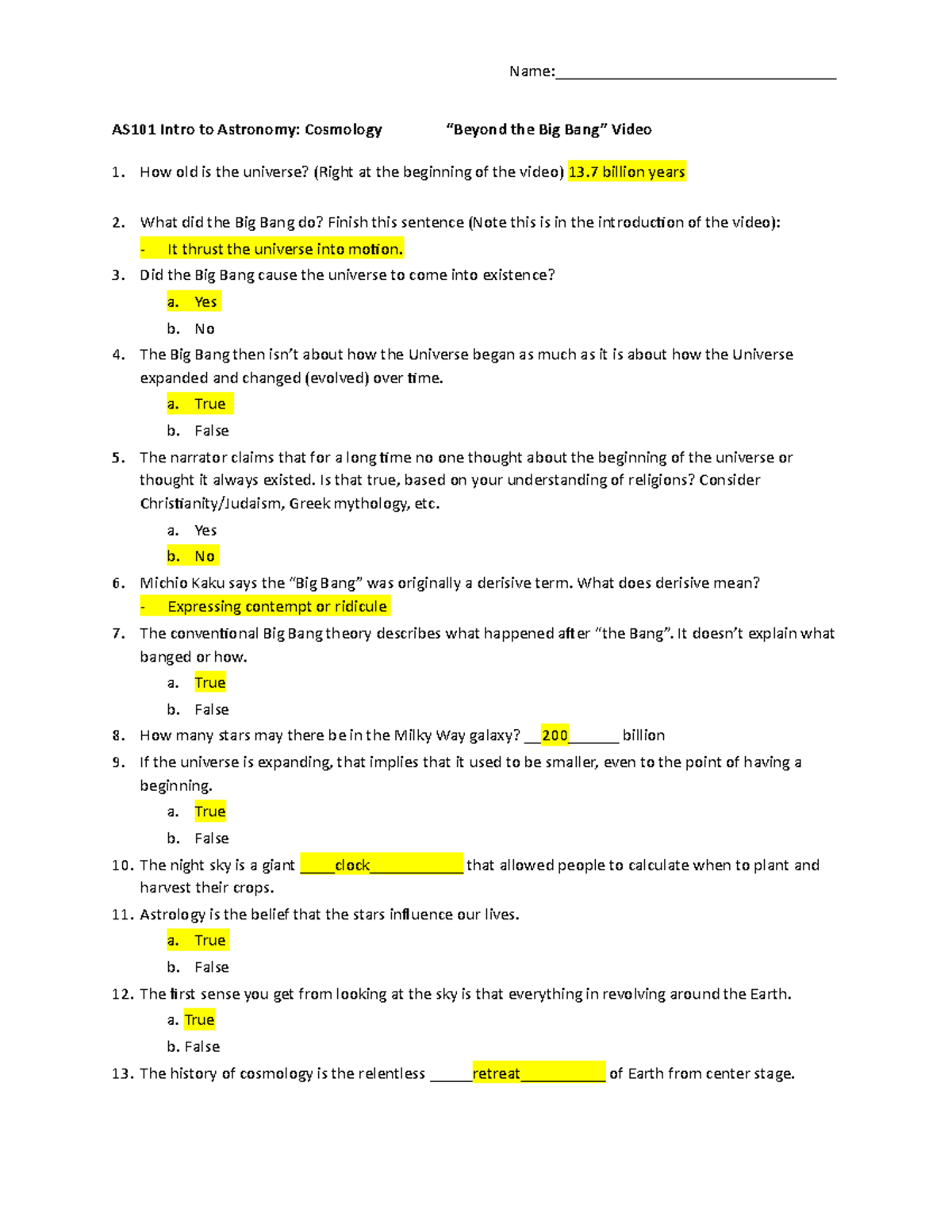 AS101 Final Exam Worksheet Beyond The Big Bang Overview Studocu
