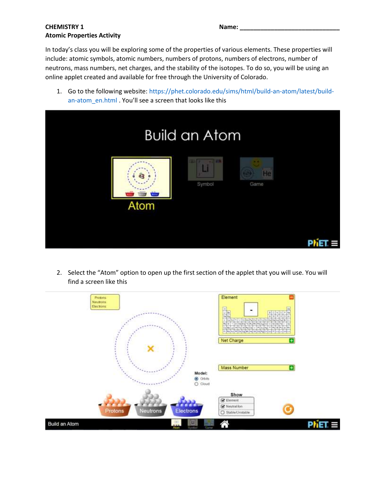 Atomic Properties Activity Build An Atom Simulation