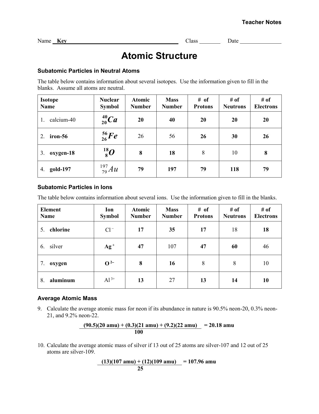 Atomic Structure Worksheet Protons Neutrons Electrons
