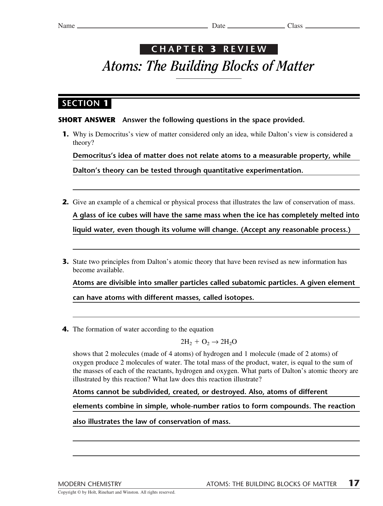 Atoms Building Blocks Of Matter Worksheet