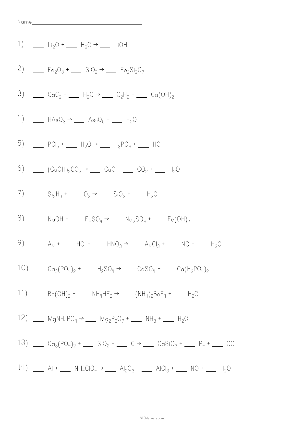 Balancing Chemical Equations Worksheet