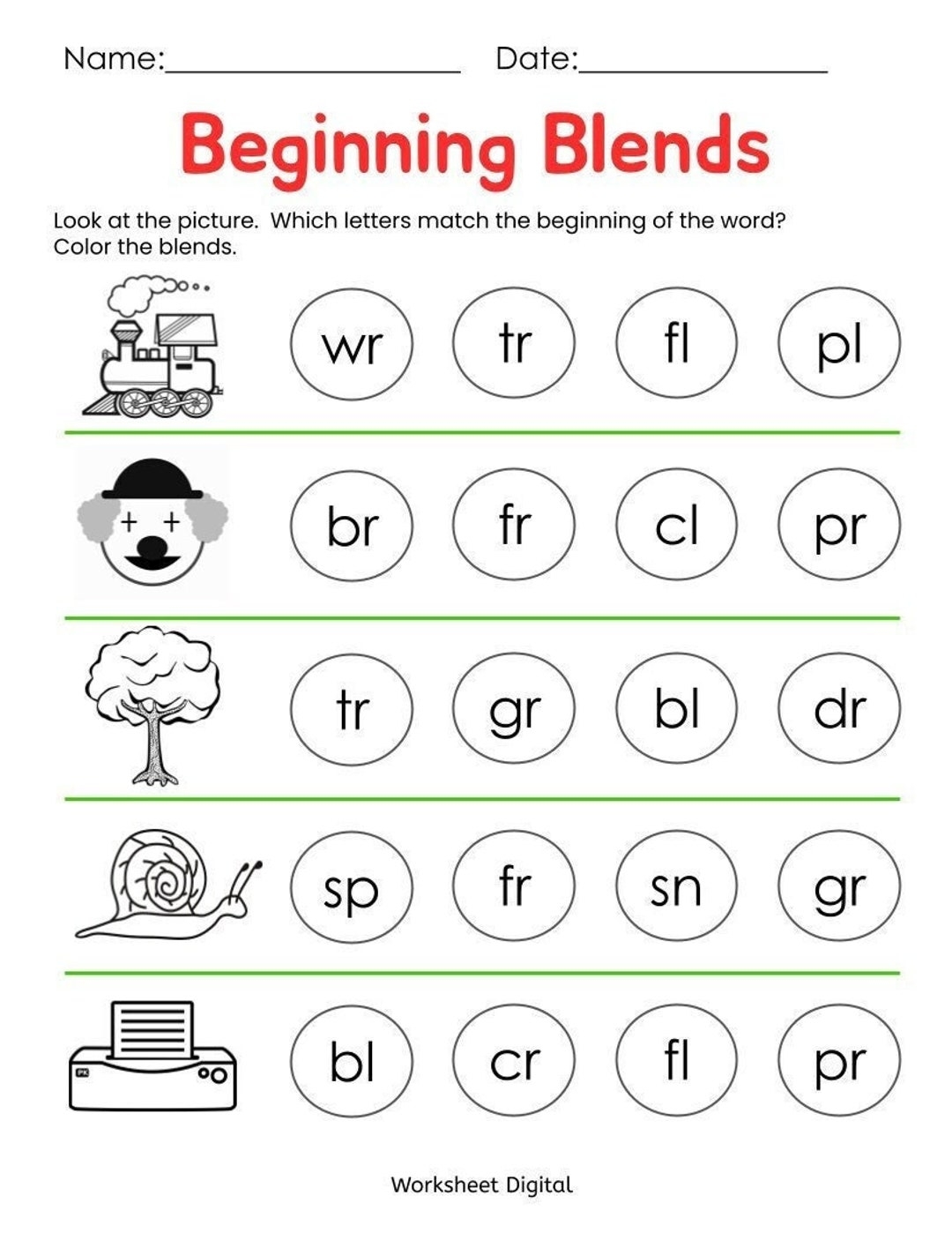 Beginning Blends Worksheets Kindergarten Preschool Printable PDF Etsy Word Building For Blends L R S Blends For Kinder 1st Grade Sharing Kindergarten