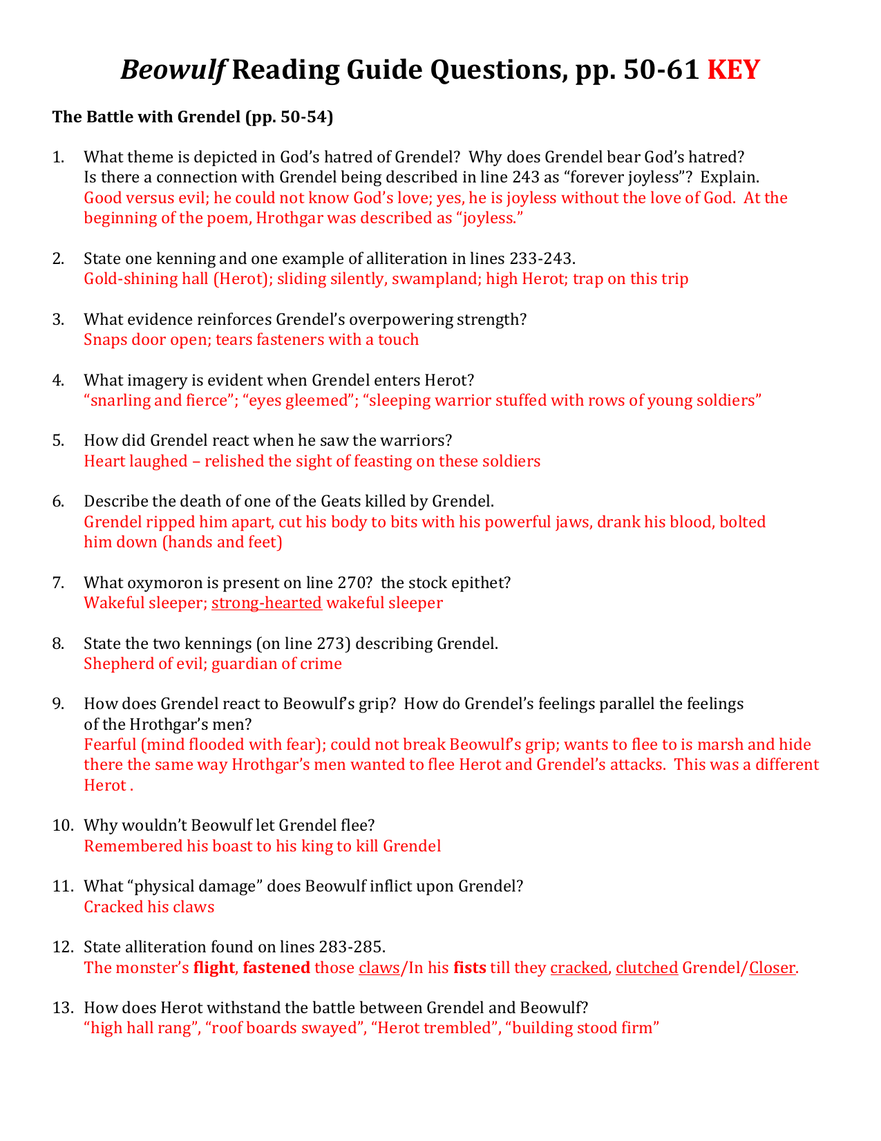 Beowulf Reading Guide Grendel Mother Battles Beowulf Reading Guide Grendel Mother Battles