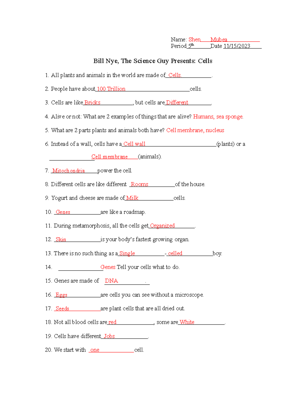 Bill Nye Cell Video Worksheet Period 5 Notes Studocu