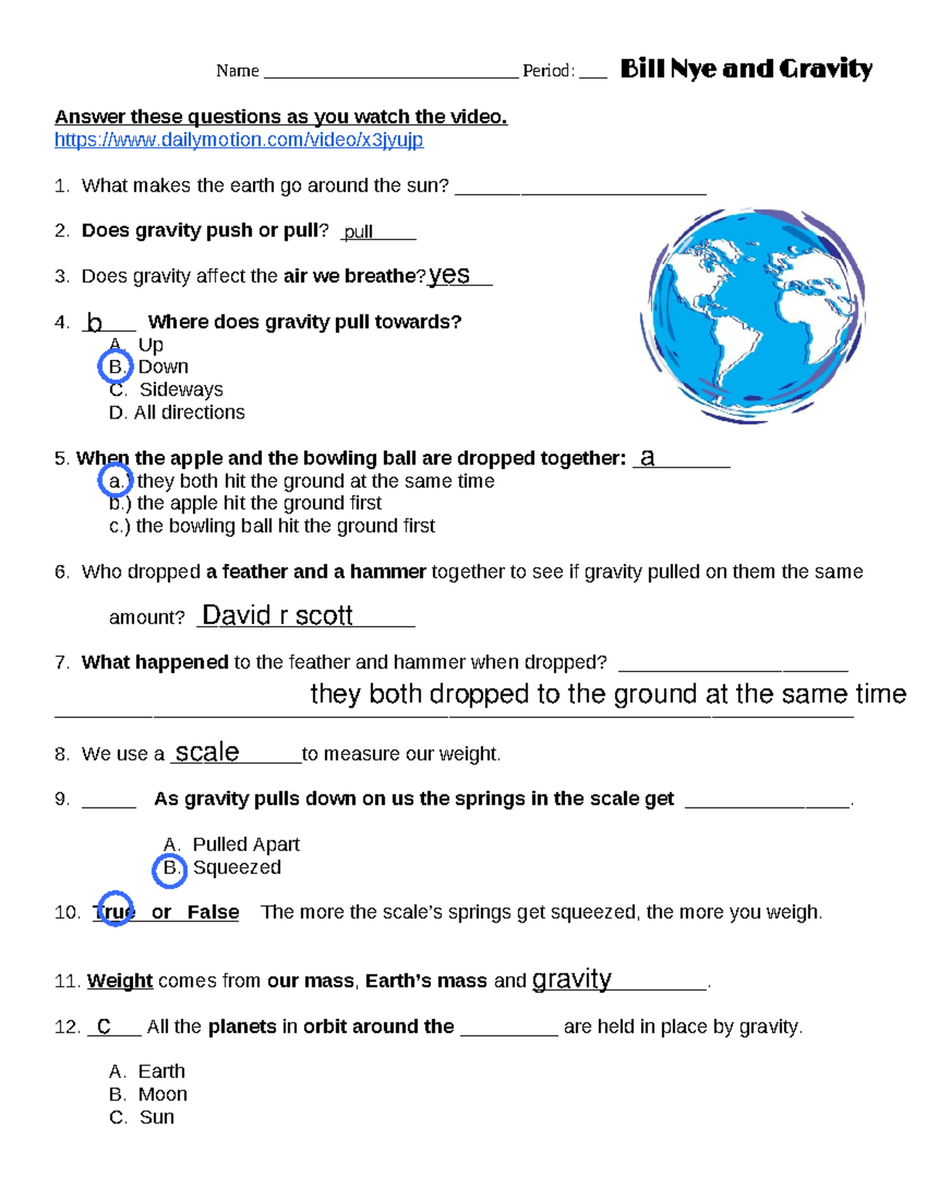 Bill Nye Gravity Worksheet Nhaej Thelisma Answers Questions Studocu