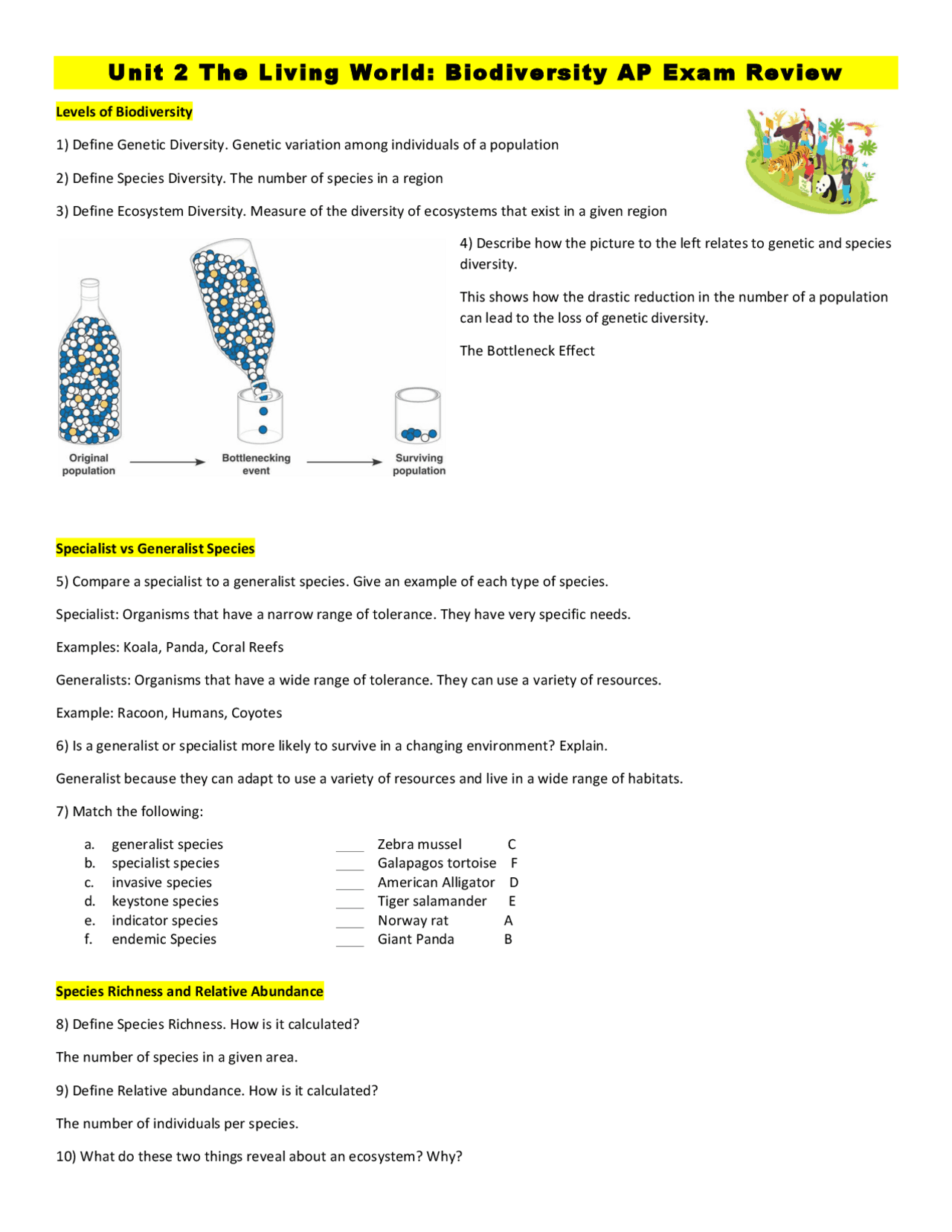 BIOL 3411 Unit 2 The Living World Biodiversity AP Exam Review ANSWER KEY Exams Biology Docsity