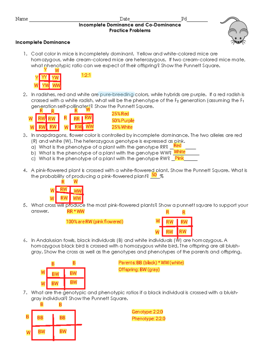 Biology 1 Incomplete Dominance Co Dominance Practice Problems Studocu