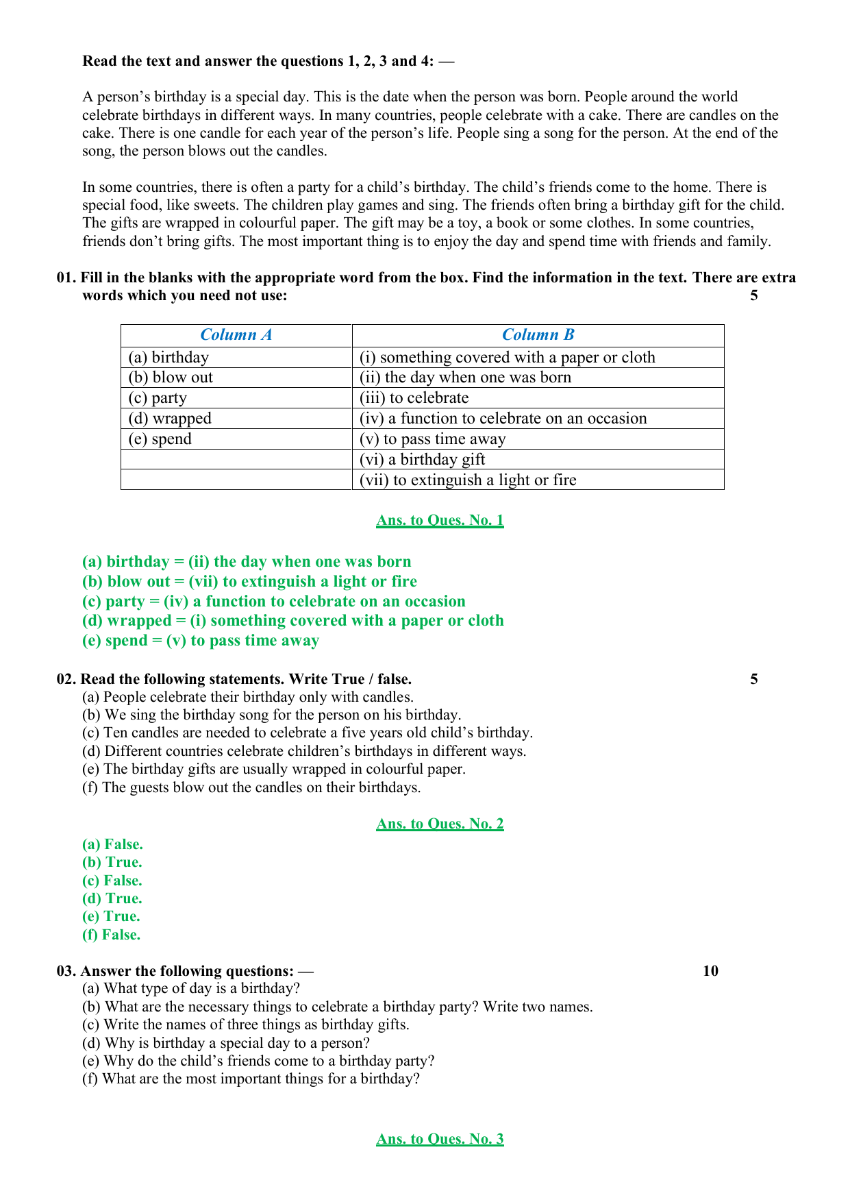 Birthday Worksheet Vocabulary True False Comprehension Birthday Worksheet Vocabulary True False Comprehension