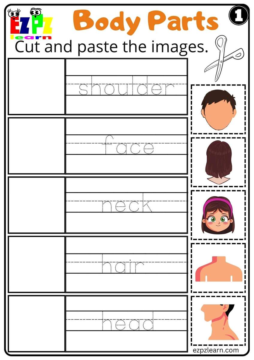 Body Parts Cut And Paste Worksheets For Kids And ESL PDF Download Set 1 Ezpzlearn