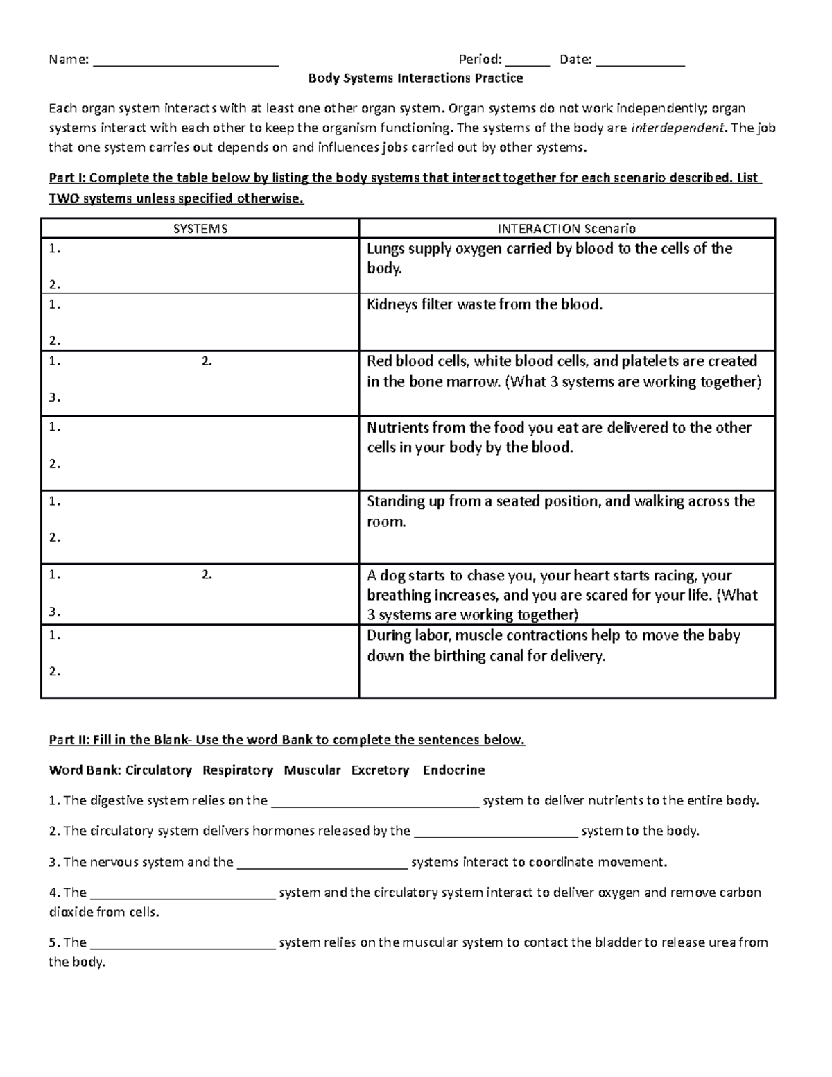 Human Body System Interactions Worksheet