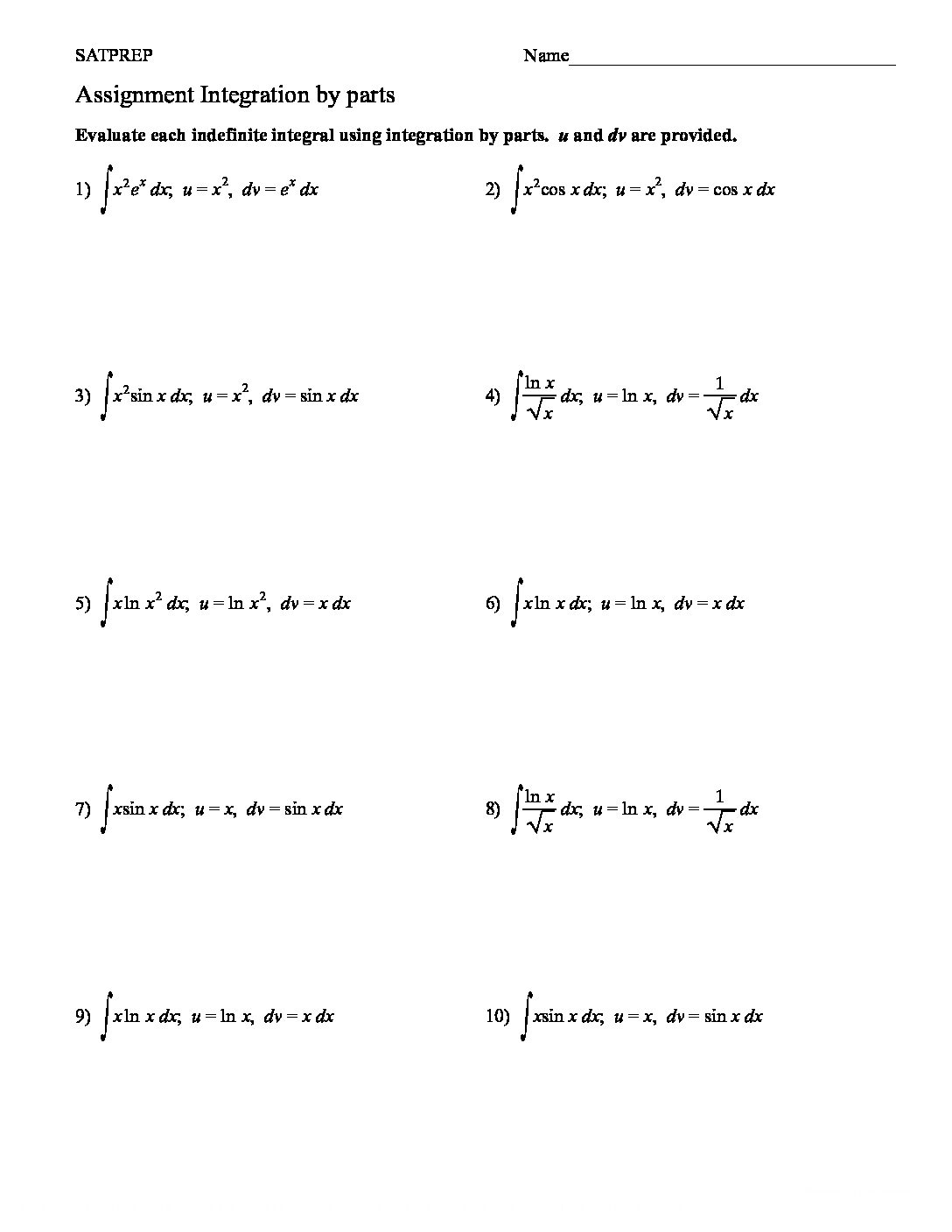 SOLUTION Integration By Parts Practice Questions Studypool Worksheets Library