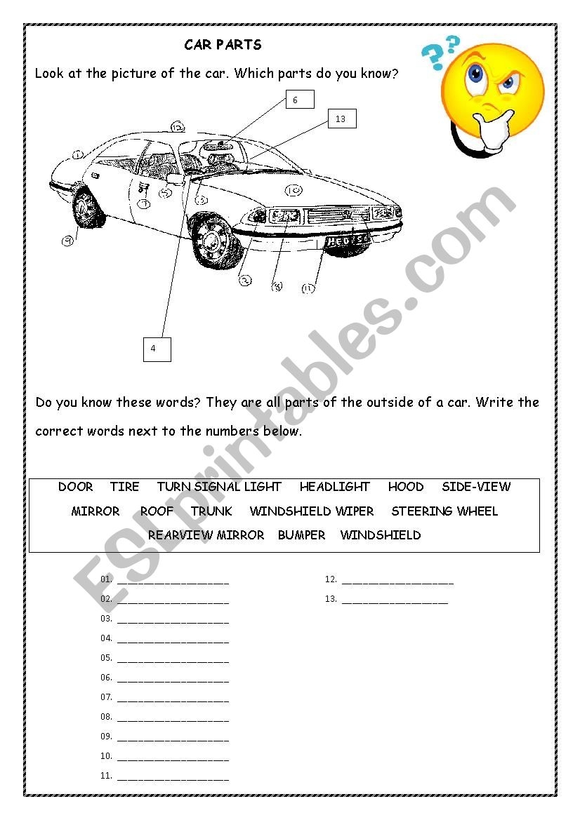 CAR PARTS ESL Worksheet By Aaf7565 CAR PARTS ESL Worksheet By Aaf7565
