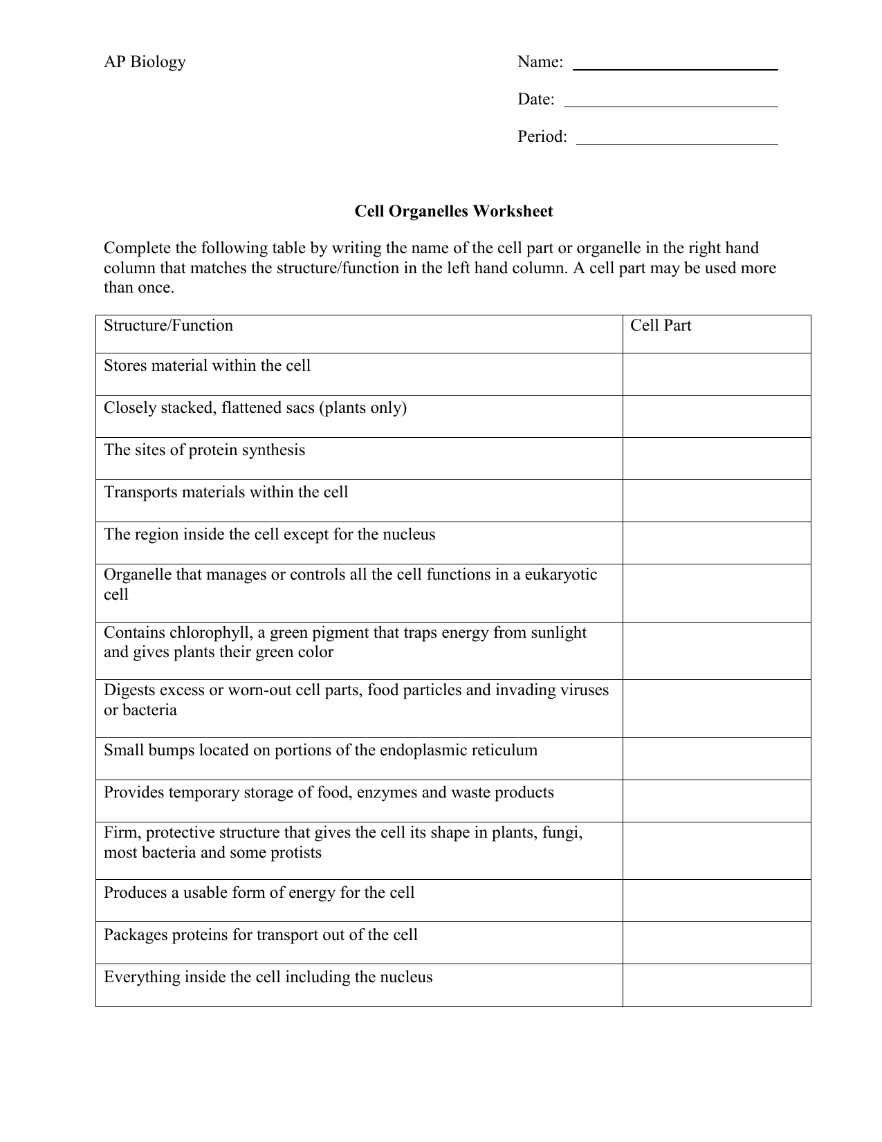 Cell Organelles Worksheet AP Biology