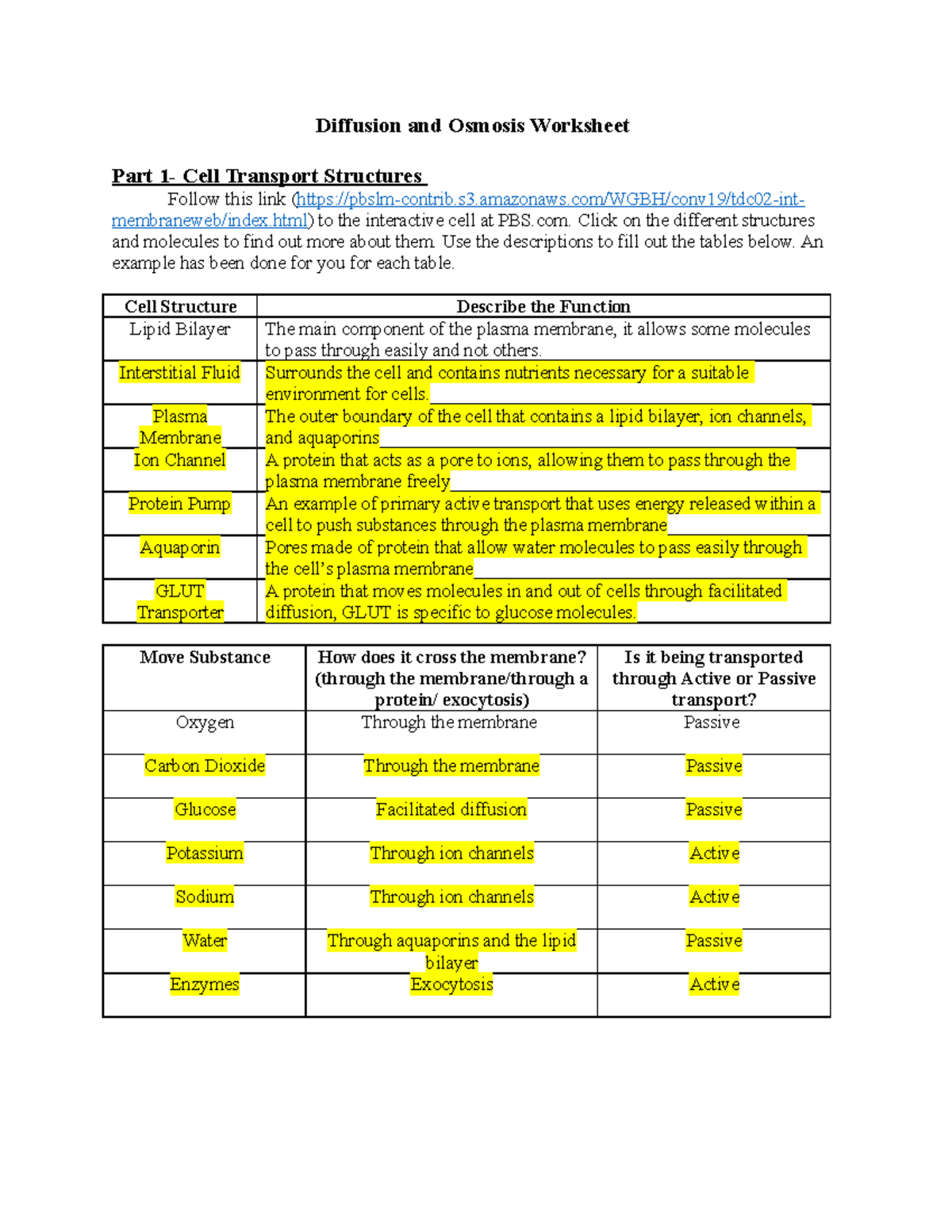 Cell Transport And Osmosis Worksheet Detailed Analysis And Reflection Studocu