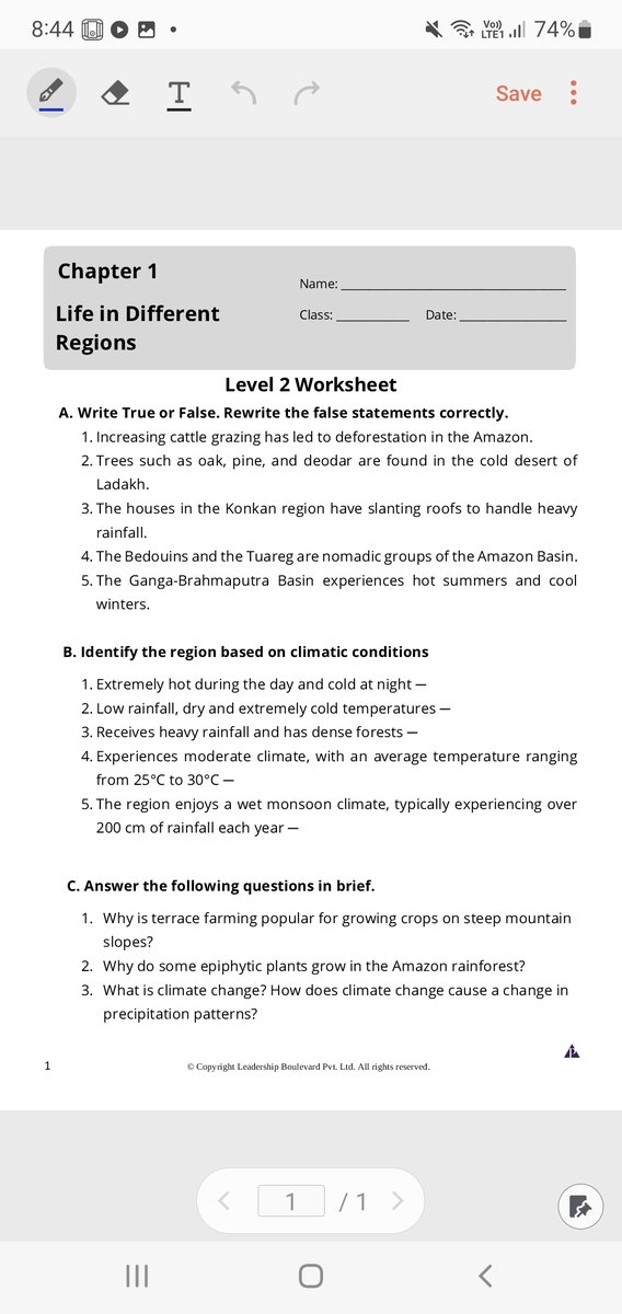 Chapter 1 Life In Different Regions Level 2 Worksheet A Write True O