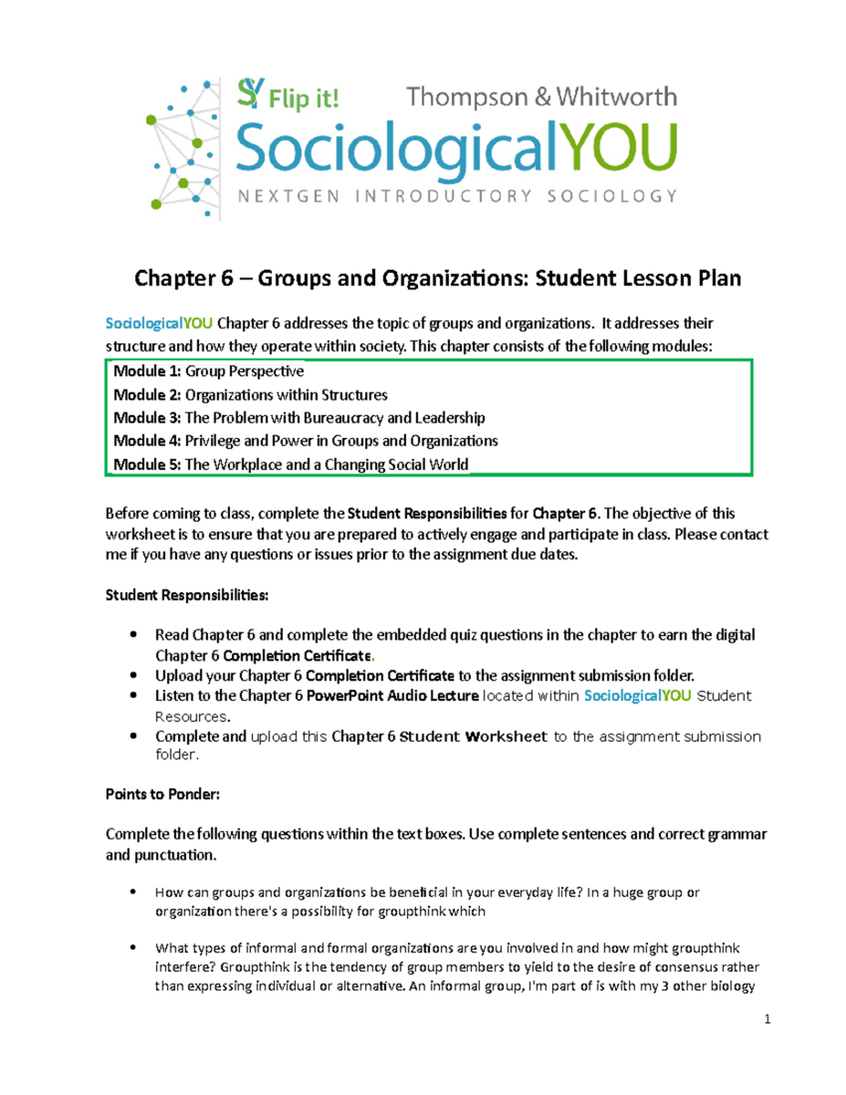 Chapter 6 Student Worksheet Groups And Organizations Overview Studocu