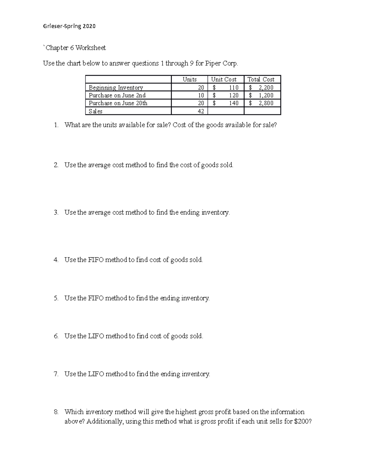 Chapter 6 Worksheet Piper Corp Inventory Methods Calculations Studocu