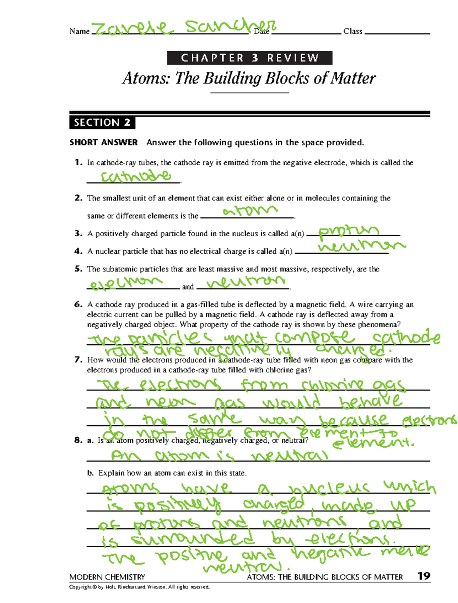 Chem 101 Chapter 3 Review Atoms As Matter S Building Blocks Studocu