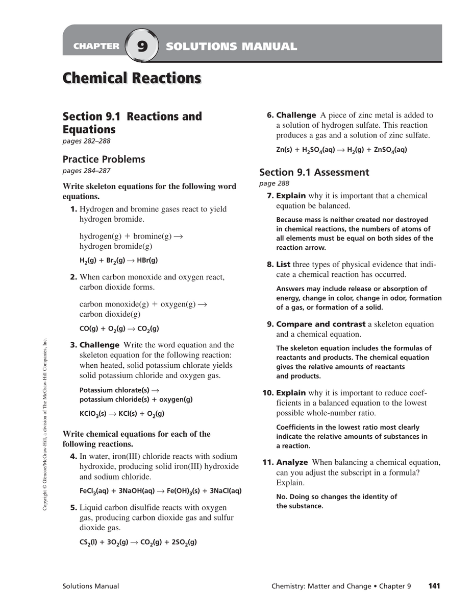 Chemical Reactions Solutions Manual High School Chemistry 49 Balancing Chemical Equations Worksheets With Answers
